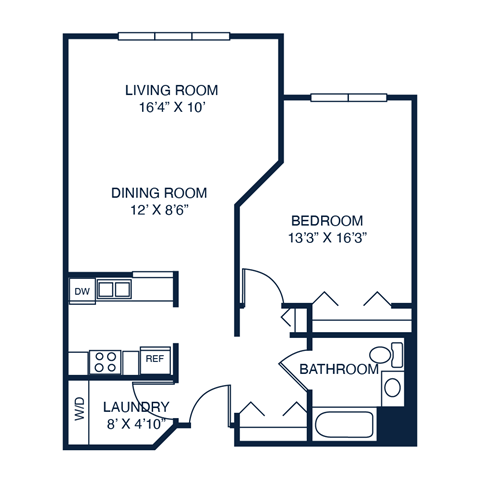Floor plan for 1 bed, 1 bath, 833 sqft